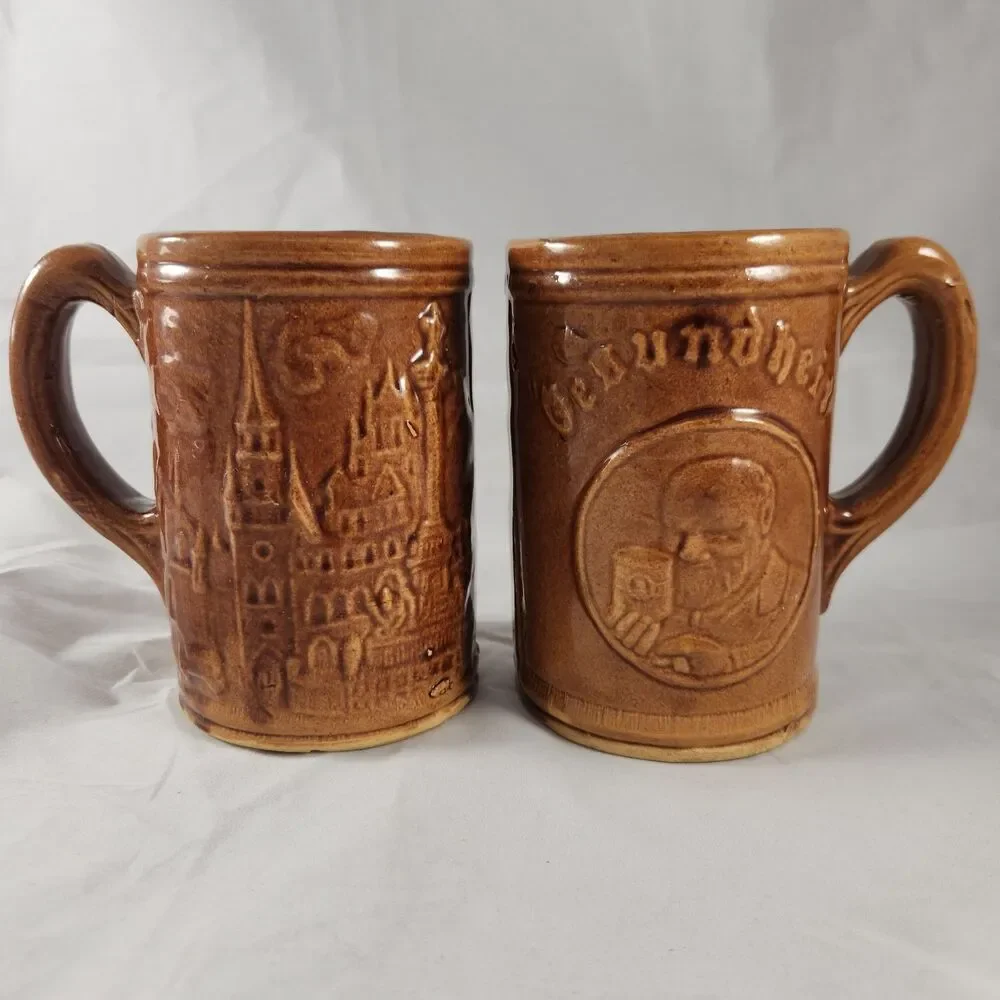 Two Vintage Gesundheit Beer Mugs Tan Glazed Stoneware Stein Neustadtl Brewing PA